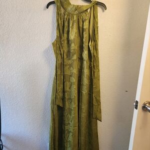 The Green Jacquard Ruched Halter Midi Dress